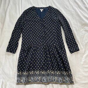 Garnet Hill Navy Blue Floral Paisley Boho Style Long Sleeve Dress | Size 8